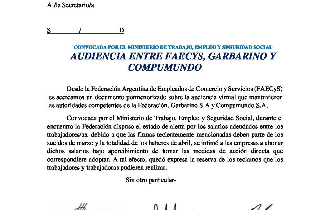 Circular FAECYS AUDIENCIA ENTRE FAECYS, GARBARINO Y COMPUMUNDO