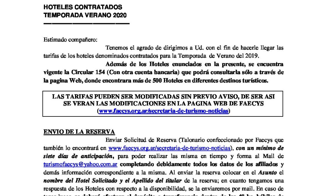 Circular N 189 – Contratados F.A.E.C.Y.S. Temporada Verano 2020