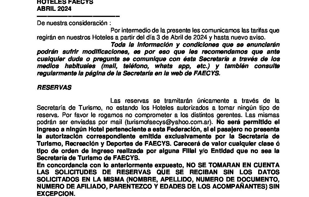 Circular Nº 207- Hoteles Propios FAECYS – Abril 2024